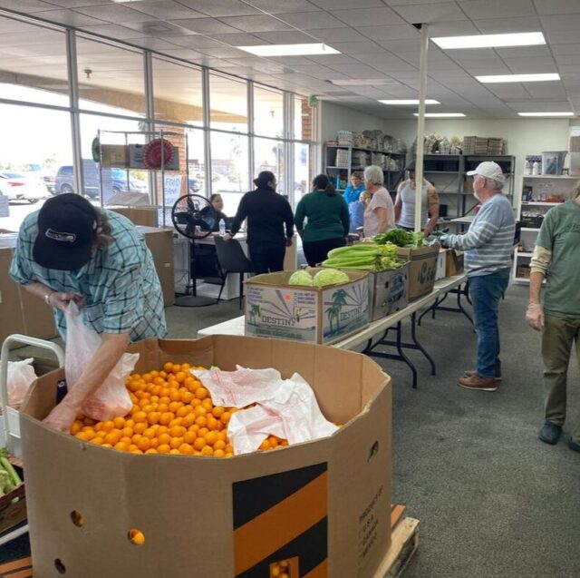 Tables of food ready to be distributed at food bank